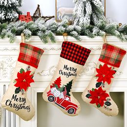 18inch Large Christmas Stocking Linen Flower Creative Cartoon Car Flower Christmas Socks Gift Bag Fireplace Decoration Festival Home Decor