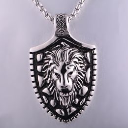 Stainless Steel Retro Antique Silver Shield Shape Gothic Punk Lion's Head Necklace Chain Pendant Fashion Jewellery For Men