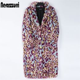 Nerazzurri Multicolor leopard print faux fur coat women lapel Long warm womens plus size fashions Winter clothes women 7xl 201212