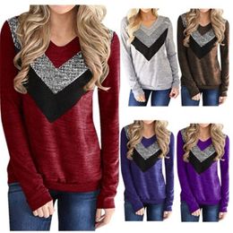 Womens Sequin Panelled T-shirt Fashion Trend Long Sleeve V-neck Loose Tee Clothing Designer Female Spring New Cacual Tops Tshirts