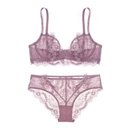 Sexy Lace Ultra Thin Bra with Push Up Embroidery Bra Sets Hollow Transparent Underwear Set Women Lingerie Big Size A B C D Cup Y200708