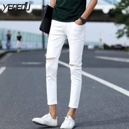 #1403 Destroyed Jeans Men Summer 2022 Casual White/Black Ripped High Street Ankle-length Black