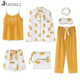 JRMISSLI Sleepwear Pyjamas Women 7 Pieces Pajamas Sets Yellow Pineapple Print Homewear Cotton Sleepwear Pyjamas Set Pijamas 201113