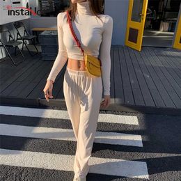 Insta Women Two Piece Wide Leg Pant Set And Crop Top Autumn Casual Elegant Turtleneck Minimalist Classic Outfit Female 211221