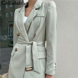 Colorfaith New 2020 Summer Autumn Women's Blazers Casual Double Breasted Jacket Notched Office Lady Lace Up Wild Tops LJ201021