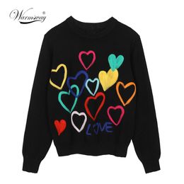 2021 Spring Women Lovely Sweater O-Neck Colourful Candy Colour Heart Embroidery Knitwear Slim All-Match Pullover Femme C-195 210203