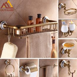 Quyanre Antique Brushed Brass & Porcelain Bathroom Hardware Towel Shelf Towel Bar Paper Holder Cloth Hook Bathroom Accessories LJ201209