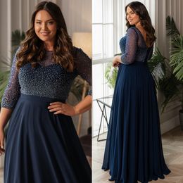 Navy Beaded Plus Size Prom Dresses Bateau Neck A Line Long Sleeves Evening Gowns Floor Length Chiffon Formal Dress 407