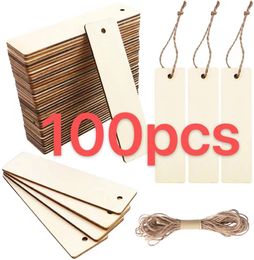 Wood Blank Bookmarks Rectangle Shape Hanging Tags Unfinished Wooden Book Markers Ornaments with Holes and Ropes for DIY Crafts