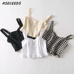Ruched buttons black white crop top women cami top spaghetti strap sexy shirts Summer tops for women 2019 streetwear Y200701