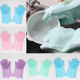 Silicone Gloves with Brush Reusable Safety SiliconeDish Washing Glove Heat ResistantGloves Kitchen Cleaning Tool WQ611-WLL