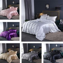 Upgraded 100% Satin Silk Bedding Set Luxury Quilt Duvet Cover and Pillowcase Bed Sheet Set Single Double Bedclothe Silky Bed Set 201127