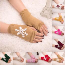 Women Stylish Snowflake Print Hand Warmer Winter Gloves Arm Crochet Knitting Faux Wool Mitten Warm Fingerless Glove