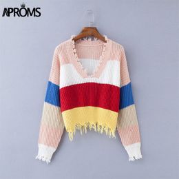 Aproms Multi Color Blocked Cropped Sweater Women Winter Deep V-neck Tassel Knitted Pullover Cool Girls Loose Jumpers Pull Femme T200116