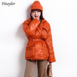 Fitaylor Large Hooded Winter Ultra Light Jacket Women 90% White Duck Down Thick Parkas Orange Warm Sash Tie Up Snow Coat 201019