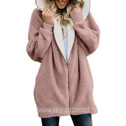 New Winter Hooded Hoodies Faux Fur Long Sleeve Sweatshirt Casual Women Clothes Autumn Zip Up Warm Fur Hoodies Sweatshirt 201031