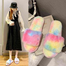 Rainbow Cotton Slippers Women Cute Winter Indoor Women Home Shoes Fashion Plush Slippers Women Wear Non-slip Shoes Fur Slides Y220214