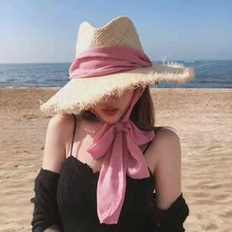 Luna&Dolphin Summer Beach Black Pink Chiffon Ribbon Bohemia Jazz Raffia Big Burr Vintage Women Seaside Hats