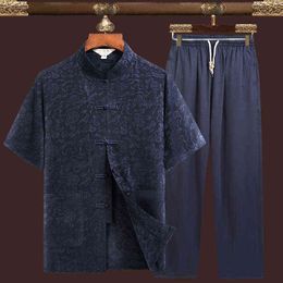 Men Outfit Set 2022 Tang Suit Chinese Style Short-sleeved Shirt + Trousers 2-piece Casual Loose Hanfu Retro Style Men's Clothing G220224