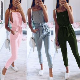Summer sexy jumpsuit women backless lace up romper jump suit solid sleeveless bodycon jumpsuits pocket female clothes overalls T200509