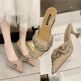 Pointed Toe Suede heel High heels Muller slippers women 2020 summer shoes women Fashion Patchwork Shallow crystal ladies shoes X1020