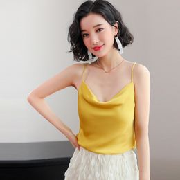 Gkfnmt Women Tank Top 2019 New Summer Sexy Sleeveless Faux Silk Shirt Cami Loose Female Crop Tops Vest Ladies Black White Yellow Y200701