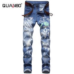 QUANBO Men's Fashion 3D Pattern Street Jeans Letters Printed Gothic Jeans Man Skinny Black Blue Designer Denim Pants 42 201116