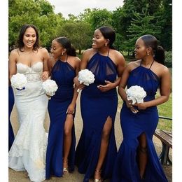 Royal Blue Bridesmaid Dresses Maid Of Honor Dress Halter high Side Split Pleated Chiffon Satin Long Party Wedding Guest Gowns V53