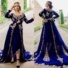 Royal Blue Algerian Caftan Evening Dress Morocco Velvet long sleeve peplum gold Appliqued Lace Outfit Prom Party Gowns