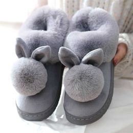Women Home Slippers Cartoon Rabbit Ears Lovely Slip On Thick Soled Winter Warm House Cotton Shoes Ladies Girls Indoor Fur Slides 211229