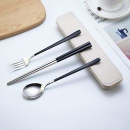 Korean Portable Cutlery Set 304 Stainless Steel Tableware Spoon Chopsticks Fork With Wheat Straw Box Travel Dinner Dinnerware 201116