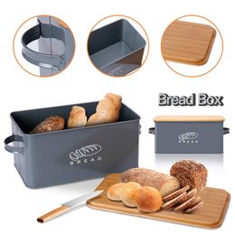 Storage Boxes Bread Bins With Bamboo Cutting Board Lid Metal Galvanised Snack Box Handles Design Kitchen Containers Home Decor 201030