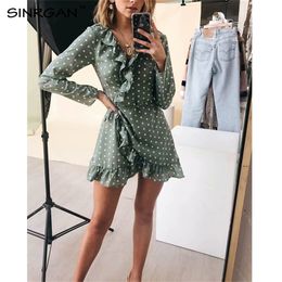 SINRGAN Ruffles Elegant Polka Dot Green Dresses v neck Long sleeve short mini vintage spring dress Bohemian vestidos LJ200820