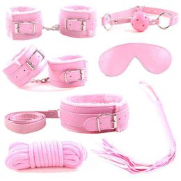 NXY Sex Adult Toy 7pcs/set Leather Bondage Bdsm Kit Hand Ankle Cuffs Neck Collar Blindfold Mouth Gag Spanking Whip Rope Handcuffs Games Toys1216