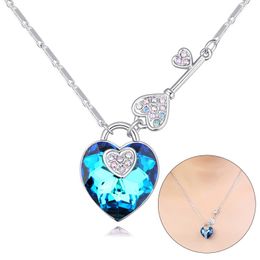 Rhinestone Heart Shaped Pendant Necklace Blue Purple Crystal Long Chains Choker Fine Jewellery Gifts For Girls Women