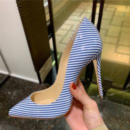 Top Brand Women Pointed Toe Patent Leather Stripes Stiletto Heel Pumps Blue Red Yellow Slip-on 12cm High Heels Dress Shoes