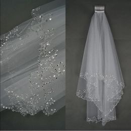 2021 Cheap Bling in stock luxury Wedding Veils Short Wedding Bridal Veil 2 Layer Handmade Crystal Beaded Bridal Accessories Veil White Ivory