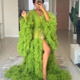 Green Illusion Ruffles Tulle Long Sleeve Women Winter Sexy Kimono Pregnant Party Sleepwear Women Bathrobe Sheer Nightgown Robe Shawl