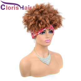 Short Afro Kinky Curly Headband Wig Brown Ombre Curly Wrap Synthetic Wigs For Black Women 4T27 Heat Resistant Turban Hair Scarf Wig