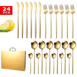 24pcs Stainless Steel Tableware Knife Fork Spoon Home Gold Dinnerware Flatware Dishwasher Safe Cutlery Set Gift Box 201116