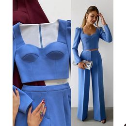 Fashion Blue Suits Women Holiday Tuxedos Loose Mother of the Bride Pants Suits Wide Leg Prom Evening Guest Wedding Outfit 2 Pieces