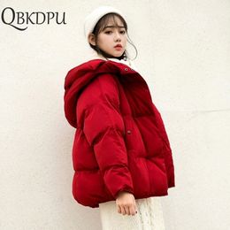 Women Plus Size Short Loose Parkas Casual Warm Winter Jacket Coat Red Cotton-padded Hooded Outerwear Autumn Thicken Clothing 201119