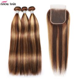 Ishow Highlights 4/27 Human Hair Bundles With Lace Closure Straight Virgin Extensions 3/4pcs Colored Ombre for Women Brown Color 8-28inch