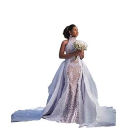 Plus Szie African Wedding Dresses with Detachable Train 2022 Modest High Neck Puffy Skirt Sima Brew Country Garden Royal Wedding G293g