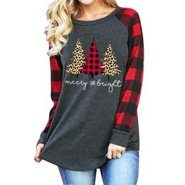 Tshirt Women Christmas Print Plaid Patchwork O Neck Long Sleeve Tops Women's Shirt Harajuku Top Women T Shirt Plus Size Pullover 201029