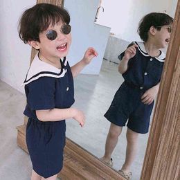 Summer Korean Style Kids Sailor Collar Cotton Linen Clothes Sets Boys Girls T Shirt+Shorts 2Pcs Kid Clothing Baby Boy Clothing