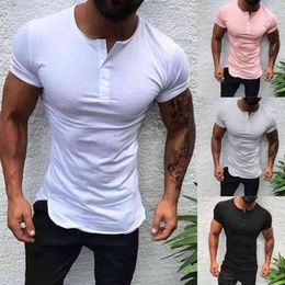 Men Henley Shirt new Tee Tops Short Sleeve Stylish Slim Fit T-shirt Button Collar Casual Men Outwears Clothing Man Y220214