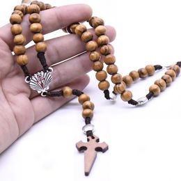 New Wood Beads Strand Necklace Shell Cross Rosary Necklace Choker For Men Women Religious Jewelry cross Necklace God bless you