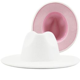New Outer white Inner pink Wool Felt Jazz Fedora Hats with Thin Belt Buckle Men Women Wide Brim Panama Trilby Cap 56-58CM313d
