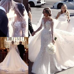 Amazing Beaded Mermaid Wedding Dresses With Detachable Train Sheer Bateau Neck Sequined Bridal Gowns Long Sleeves Tulle robe de mariée